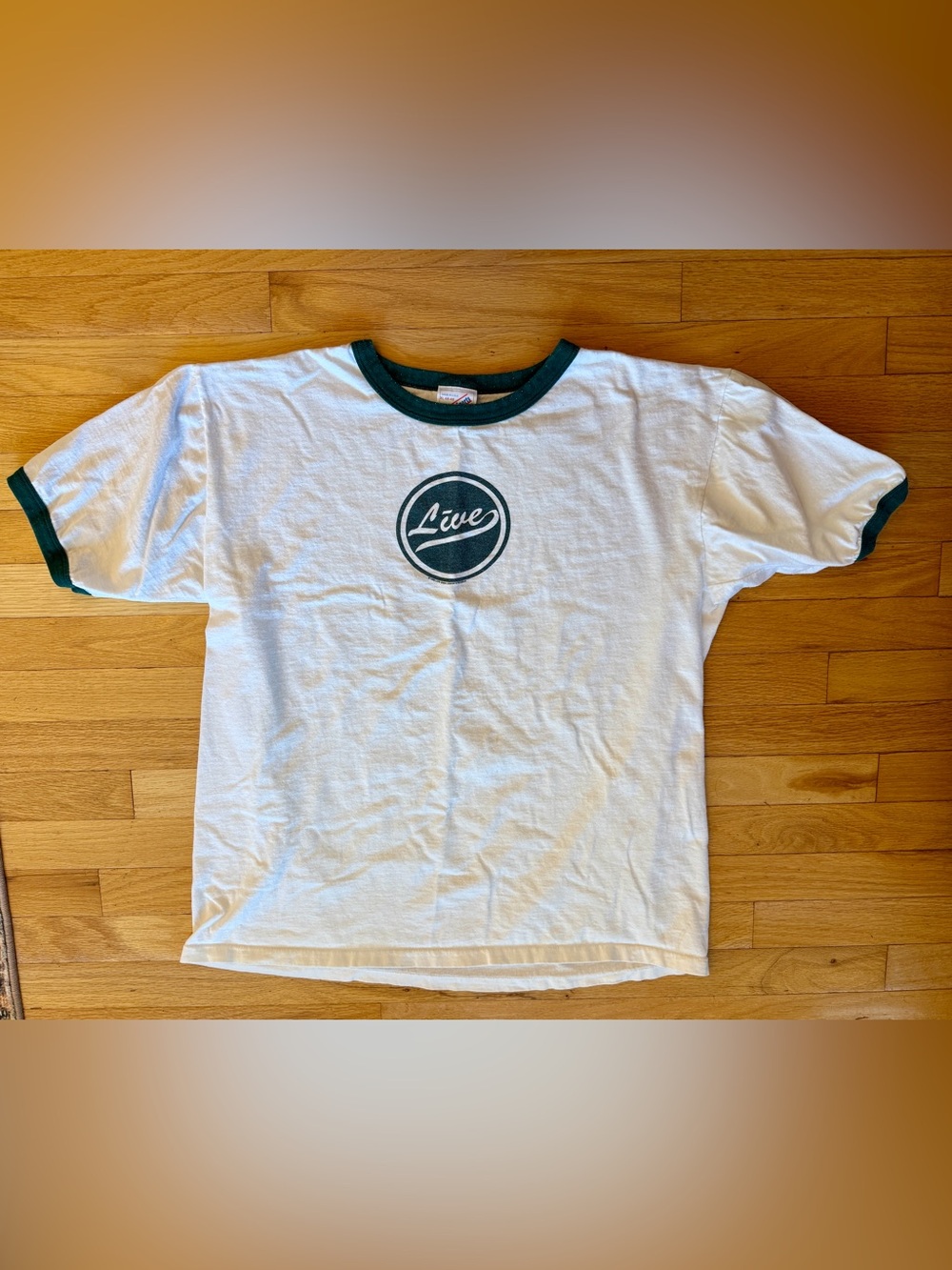 White & Dark Green 'Live' Graphic Ringer Tee Vintage Band T-shirt XL